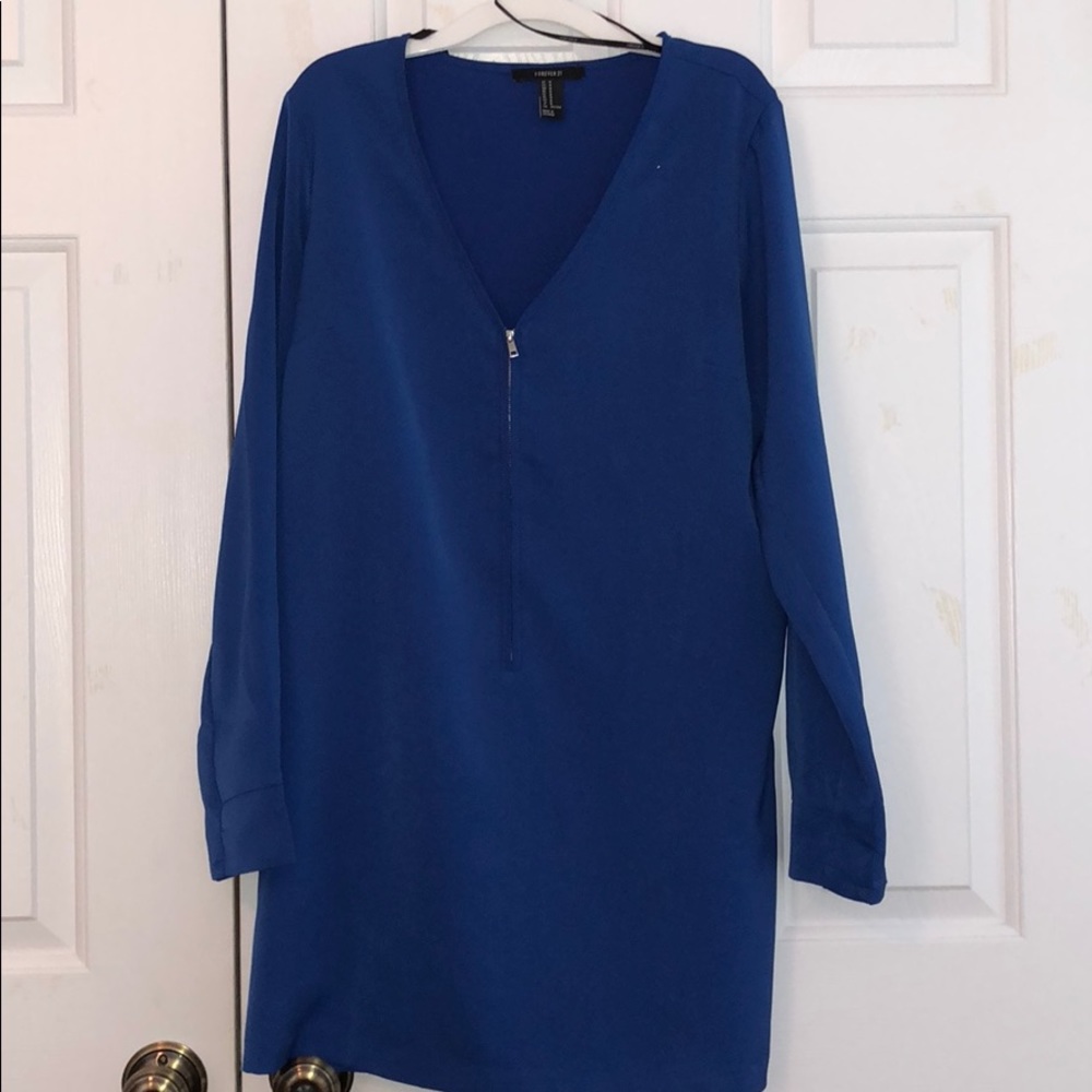V Neck Zip Up Cobalt Blue Dress